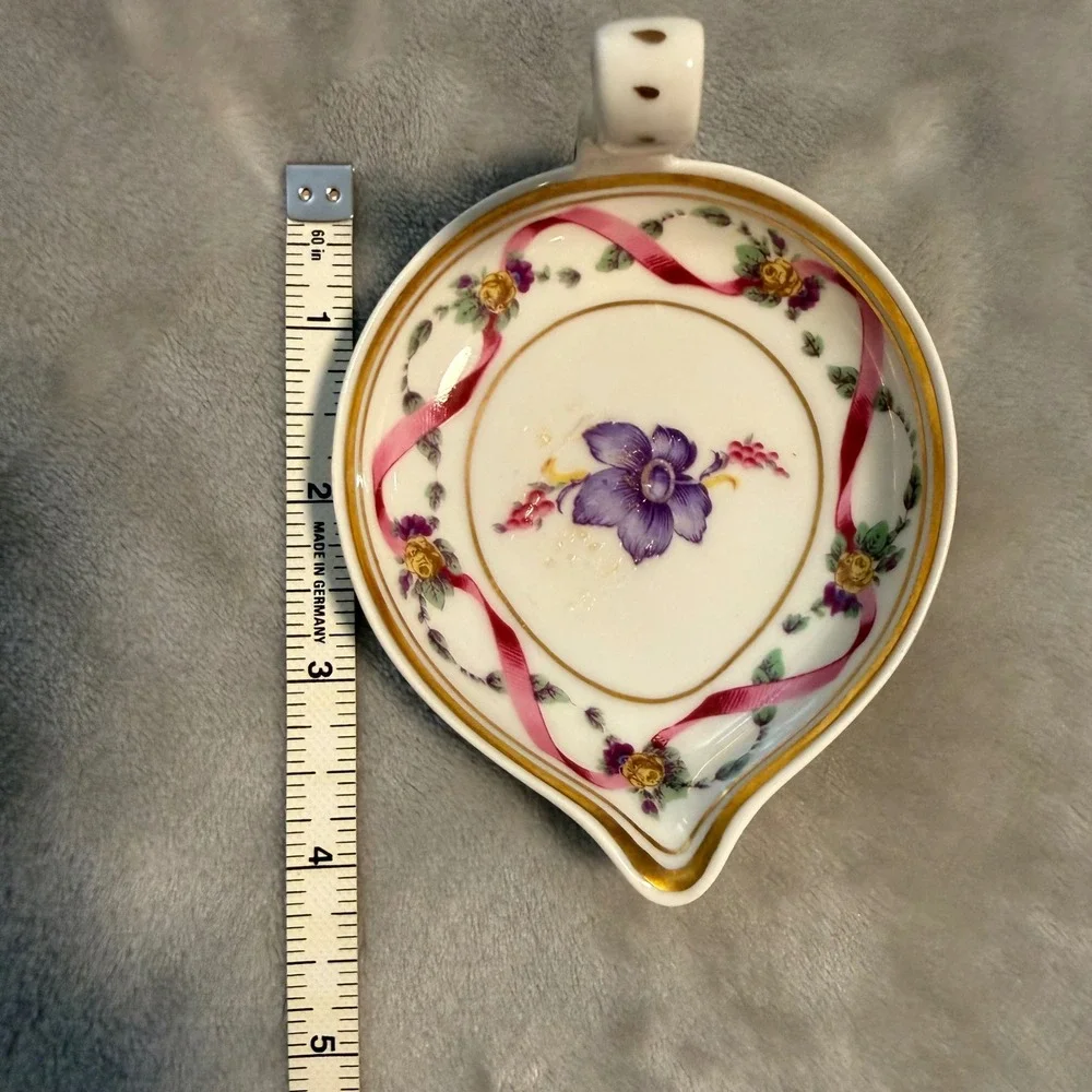Richard Ginori Hand Painted Pink Ribbon Floral‎ Bonbon Dish Italy w/ Handle